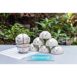 Bộ 10 bát cơm men kem vẽ hoa đào hồng