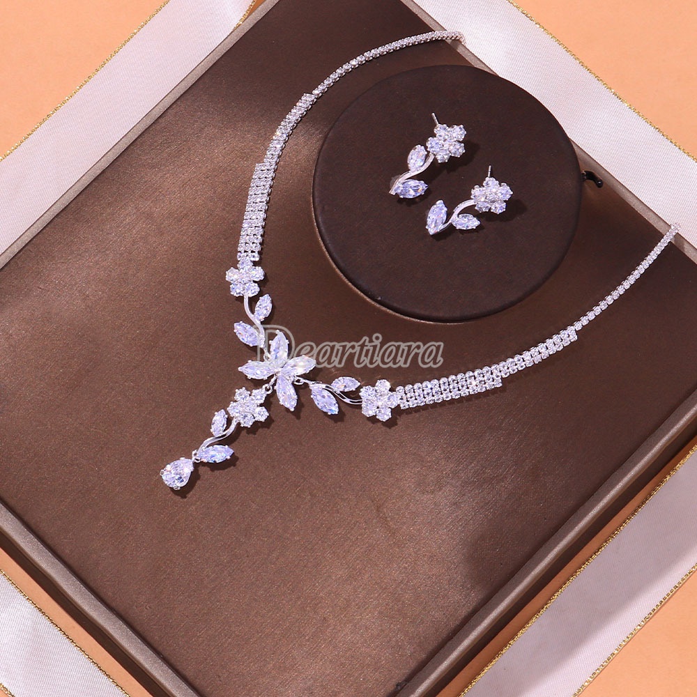 Bộ Vòng cổ + Bông Tai Đính Đá Zircon Sang Trọng Cho Cô Dâu