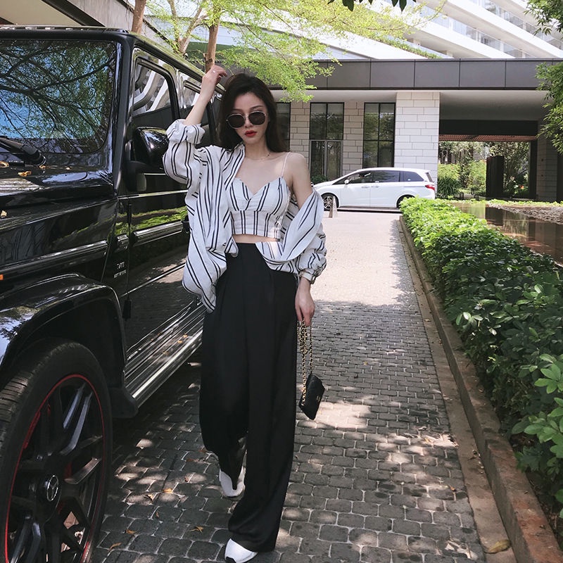 AMOI Áo Hai Dây Dáng Rộng Họa Tiết Kẻ Sọc Thời Trang 2022 Trẻ Trung Cho Nữ