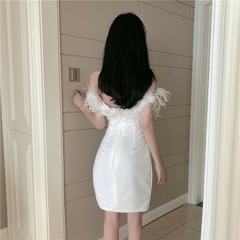 [Order /hình thật cuối] Váy trắng trễ vai cổ lông ôm body. Đầm trắng bẹt vai ôm dáng