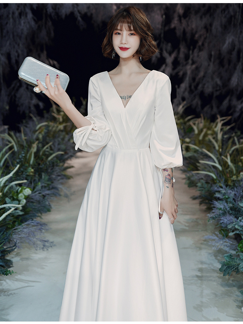 Satin wedding dress new white long sleeve host banquet simple evening dress female | BigBuy360 - bigbuy360.vn