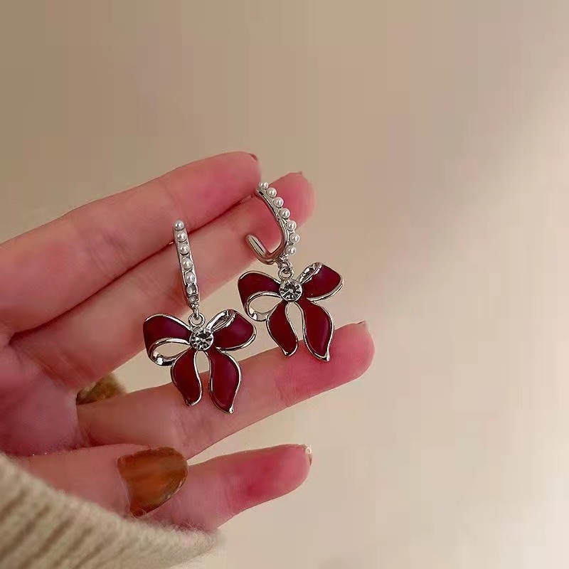 Bông Tai Mạ Bạc 925 Hình Nơ Đính Ngọc Trai Phong Cách Retro Hàn Quốc