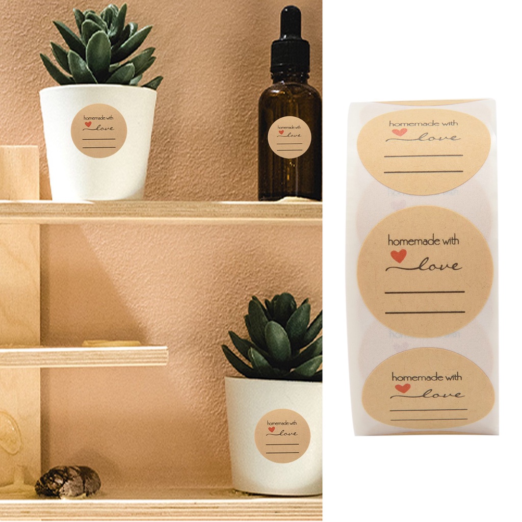 Cuộn 500 nhãn dán hình tròn 1 inch in chữ 'homemade with love' dùng làm thủ công