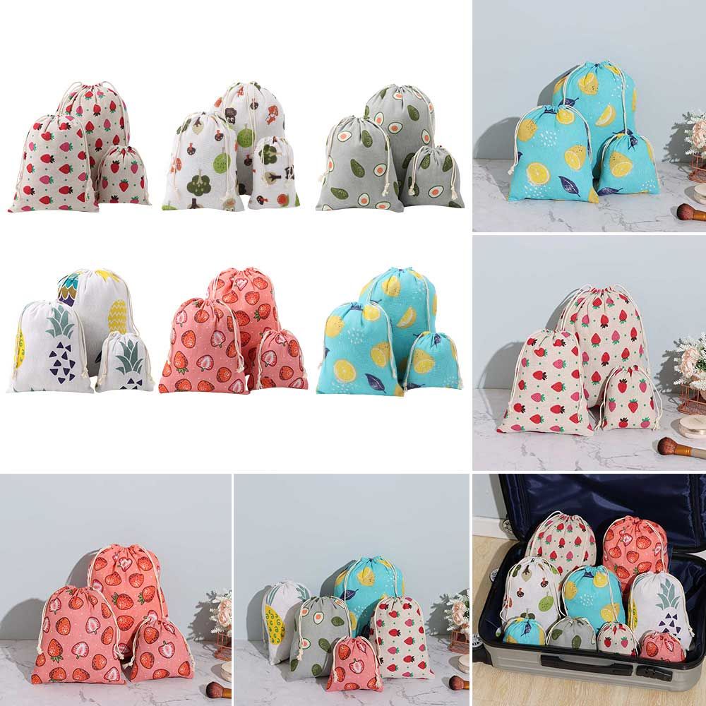 Túi dây rút bằng vải lanh cotton chống bụi in họa tiết trái cây dùng đựng đồ trang điểm
