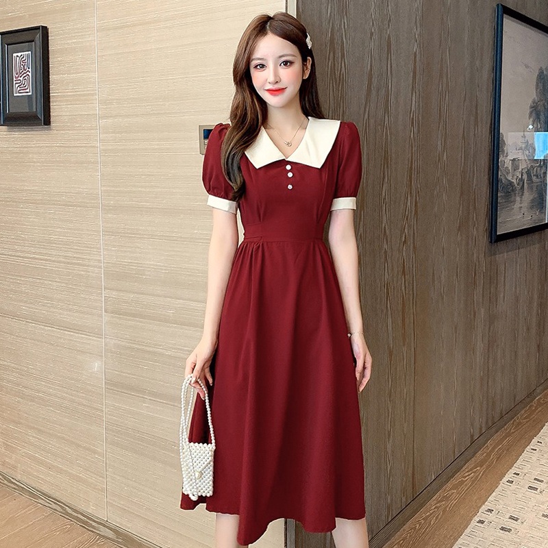 Đầm Dài Tay Ngắn Cổ Peter Pan Màu Đỏ Đen Thời Trang Mùa Hè 2023 Cho Nữ