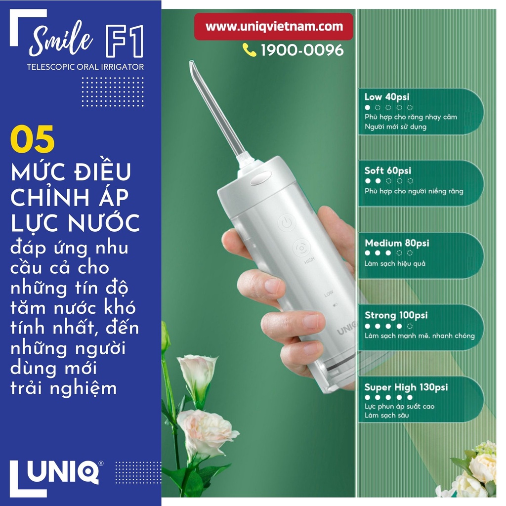 Tăm nước cầm tay UNIQ Smile F1 mini siêu nhỏ động cơ Nhật Bản cao cấp máy vệ sinh răng miệng xịt rửa làm sạch kẽ niềng