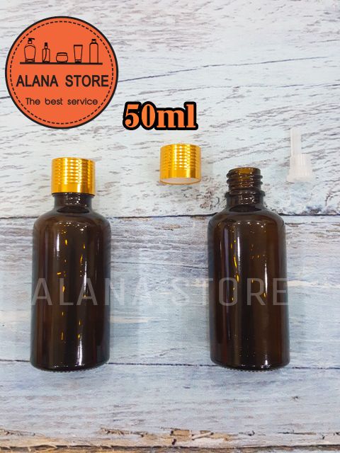 Lọ thủy tinh nâu nắp tinh dầu nhôm vàng 50ml