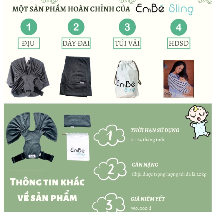 [Voucher Giảm 50k + Quà Tặng] Địu Vải Thoáng Khí Cho Bé Từ 0-24 Tháng EmBé Sling Dòng Flex và Flex Plus