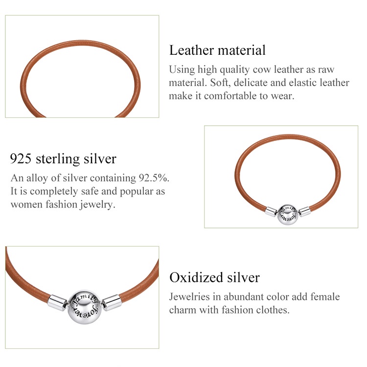 Vòng Tay Da Bamoer SCB215 Có Phụ Kiện Bạc 925 Thời Trang Cho Nữ