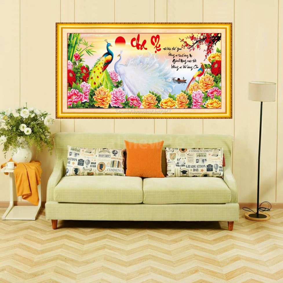 Tranh thêu chữ thập cha mẹ chim công mẫu đơn LV3061 - size: 88*43cm (tự thêu)