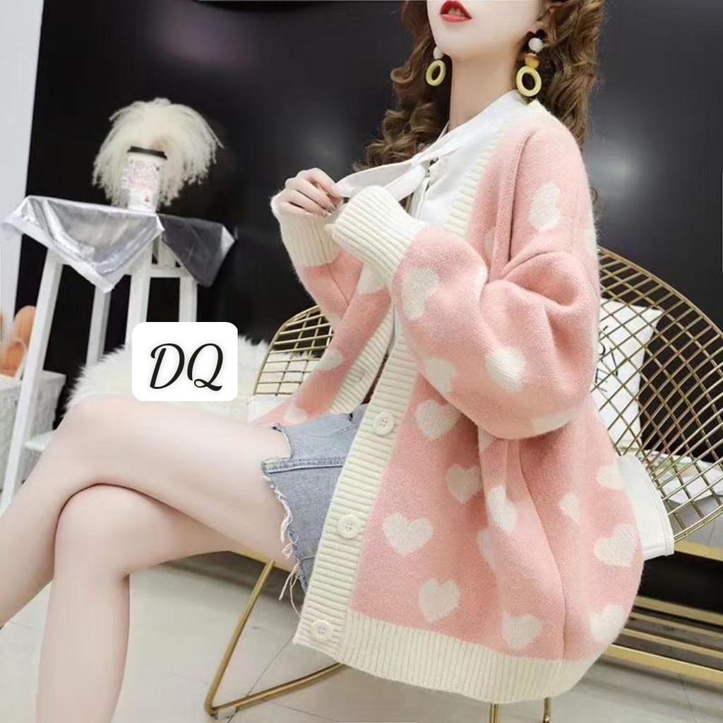 Áo khoác len cadigan tim hồng xinh xắn