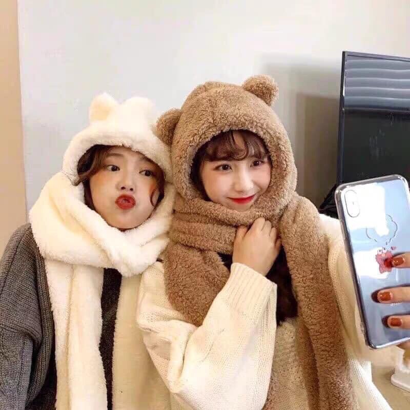 Mũ bông cừu tai gấu kèm khăn quàng cổ và găng tay phụ kiện thời trang ulzzang Hàn Quốc mùa đông ấm áp