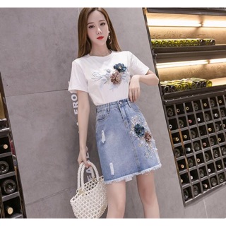 Set đồ Jean nữ cao cấp gồm Áo phông+Chân váy Jean phong cách, phối hoa sang chảnh NV0131