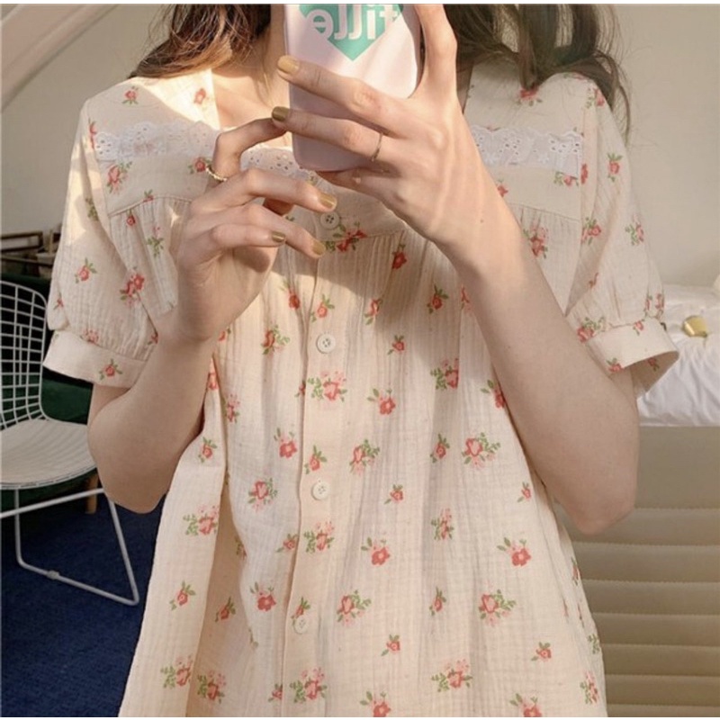 Váy ngủ 2 màu hoa vải xô muslin VN008 tiểu thư