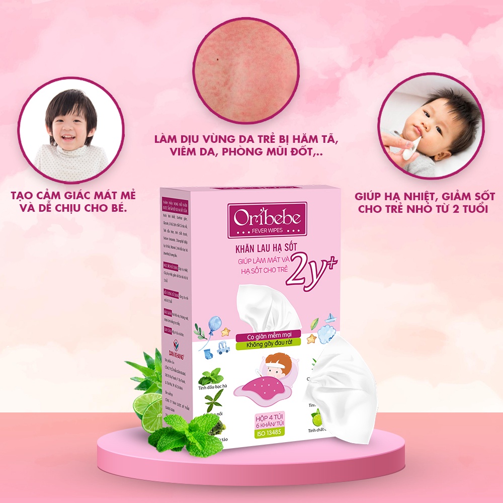 Khăn Lau Hạ Sốt 2Y+ Oribebe Dan Khang Cho Bé Giúp Hạ Nhiệt Giảm Sốt Hộp 4 Túi x 6 Khăn
