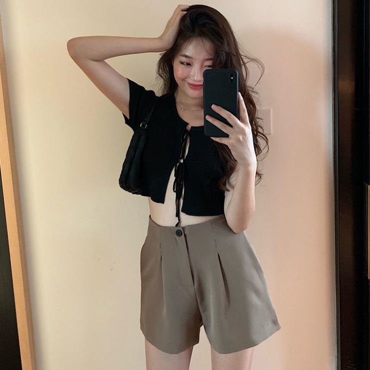 Quần Short Chữ A Ống Rộng Lưng Cao Màu Cà Phê Thời Trang Mùa Hè Mới Cho Nữ