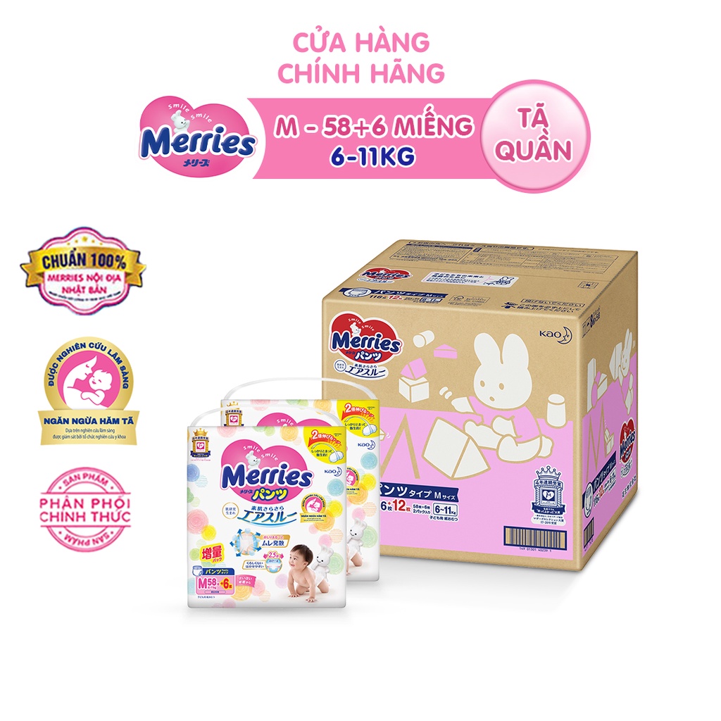 Thùng 2 Tã quần Merries cộng miếng đủ size M64/L50/XL44/XXL28