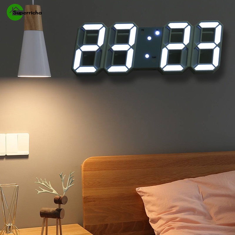 Đồng Hồ Đèn LED 3D Treo Tường Hiển Thị Nhiệt Độ/Nhiệt Độ/Nhiệt Độ Để Bàn Màu Dạ Quang Cỡ Lớn Sáng Tạo Cho Phòng Ngủ/Văn Phòng