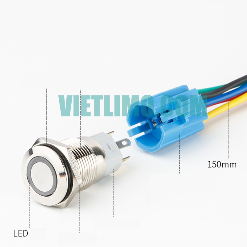 Công tắc LED 16mm có giắc cắm 12V 24V chống nước chống gỉ ô tô