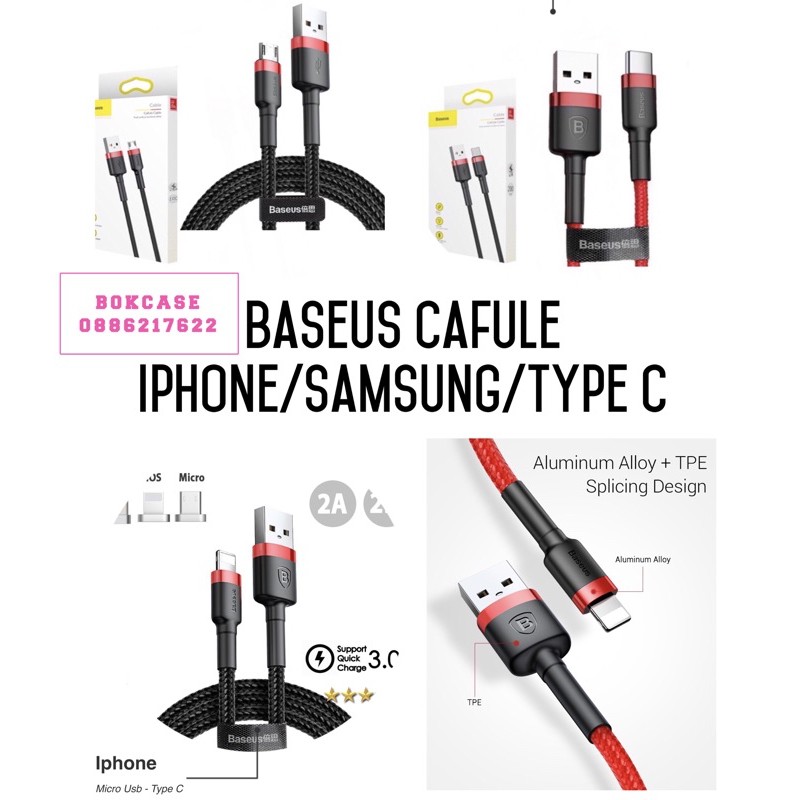 CÁP SẠC NHANH BASEUS CAFULE TRUYỀN DỮ LIỆU CHO IPHONE, MICRO, TYPE C DÀI 1M 2M - CỔNG USB