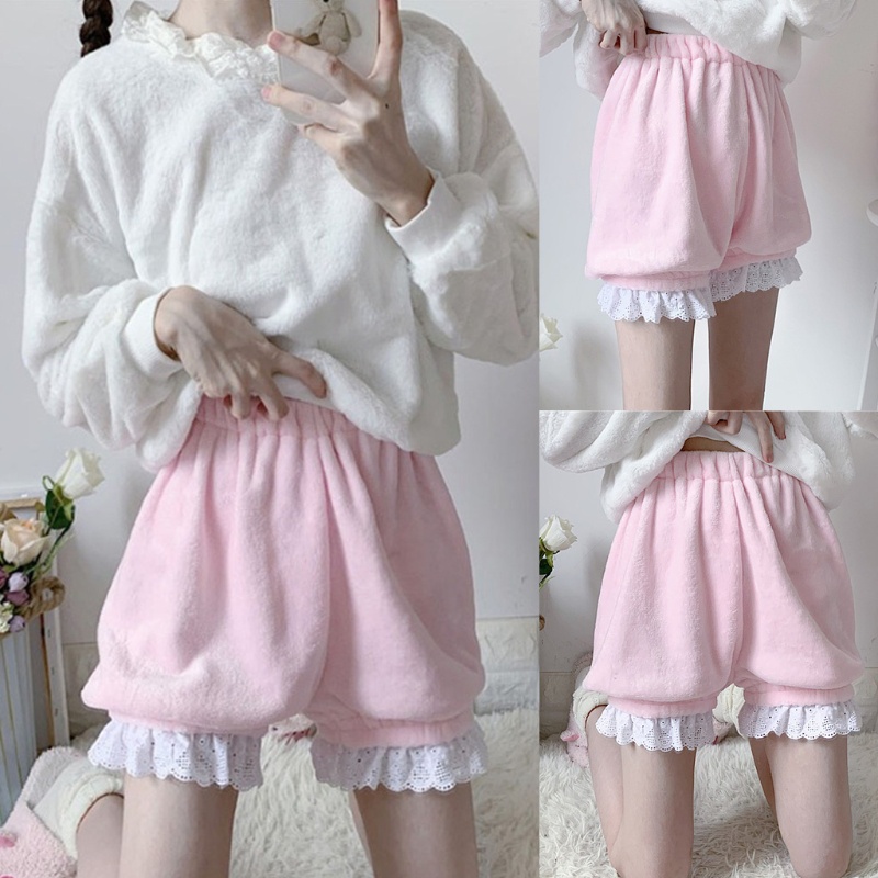 Quần đùi bảo hộ nhung phối ren nhún bèo màu trơn đính nơ phong cách lolita thời trang mùa đông xinh xắn cho nữ