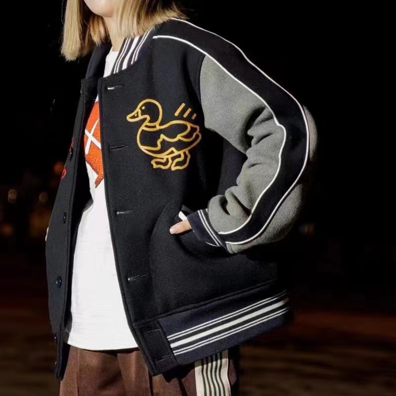 Con người làm vịt tình yêu thêu đồng phục bóng chày áo khoác len đại học áo khoác gió đệm áo khoác đơn cặp đôi retro của mỹ