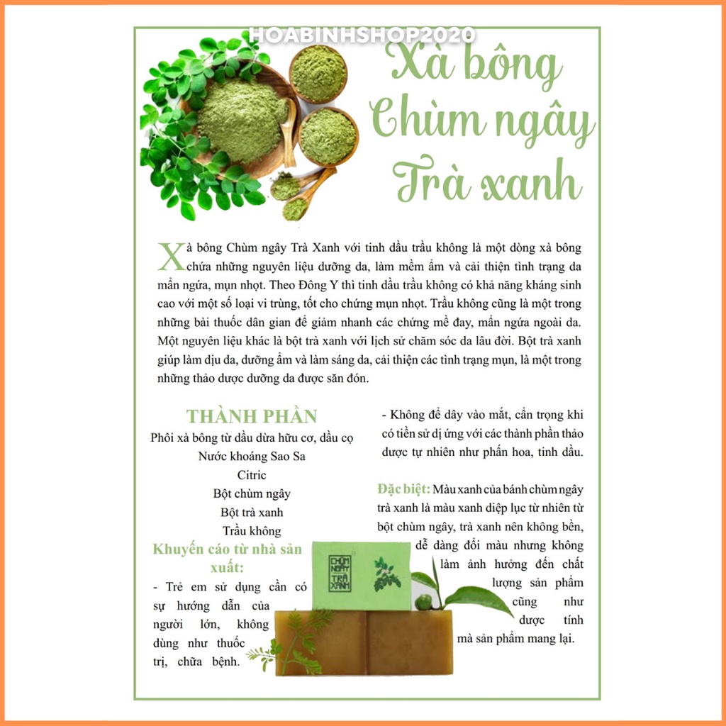 [CHÍNH HÃNG]  Xà Phòng - Xà Bông Sinh Dược Chùm Ngây Trà Xanh Tinh Chất Trầu Không HandMade 100gram