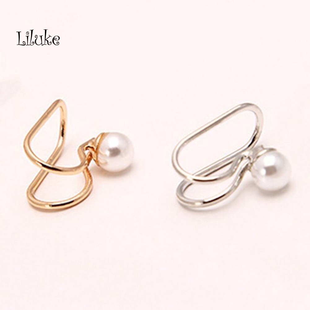 【LK】_1Pc Women Star Cubic Zirconia Faux Pearl Non Piercing Ear Cuff Clip Earrings