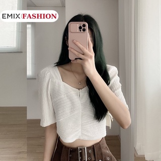 Áo thun nữ cộc tay EMIX, áo croptop xoắn ngực, cổ tim, tay bồng, ôm sát, chất thun Hàn xoannguc199