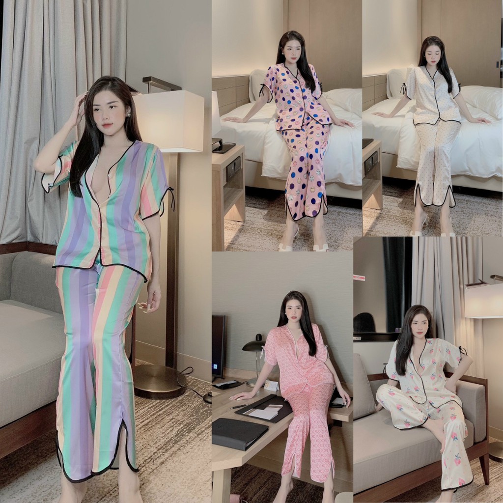 Đồ mặc nhà Lụa satin Pijama tay ngắn quần dài Form dưới 60 kí nhiều mẫu