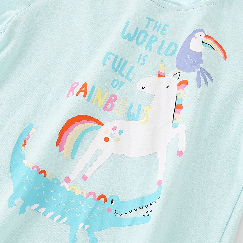 Áo Thun Cotton Tay Ngắn Cổ Tròn In Hình Kỳ Lân Dễ Thương Dành Cho Bé Gái