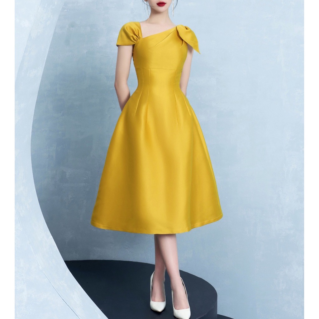 Đầm đi tiệc dáng xòe thiết kế cổ chéo đính nơ vai xinh xắn - T003