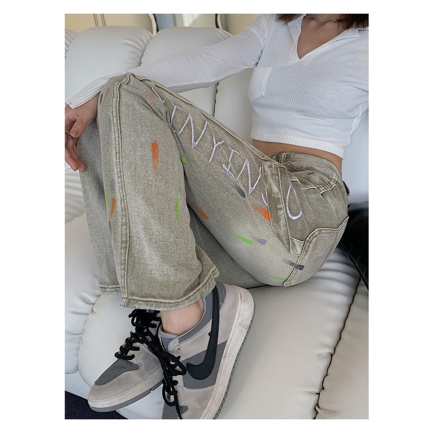Quần Denim Ống Suông Rộng Họa Tiết Graffiti Đường Phố Mỹ Cá Tính Thời Trang Mùa Hè Cho Nữ