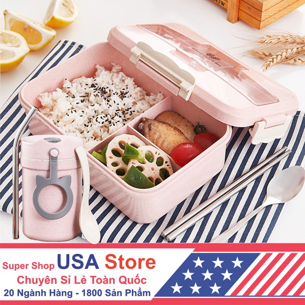 Hộp Đựng Cơm Lúa Mạch - Cốc Canh - Túi Giữ Nhiệt Ăn Trưa Văn Phòng - Cà Mèn Chia 3 Ngăn Bento Cute