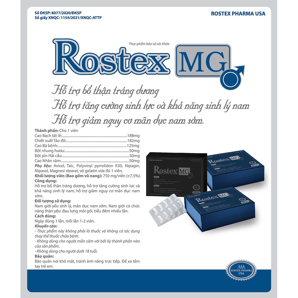 Tăng cường sinh lý nam loại 1h bổ thận, tráng dương - 10 viên [Rostex MG -Xanh]