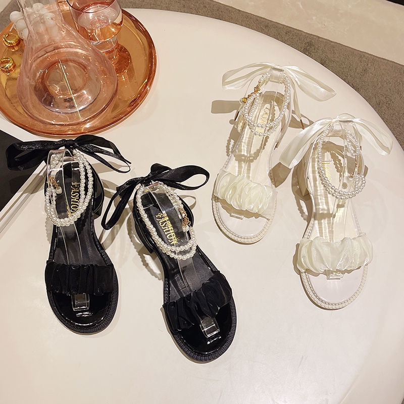 Giày cao gót nữ giày sanda đính ngọc nơ 4.5cm 11020069