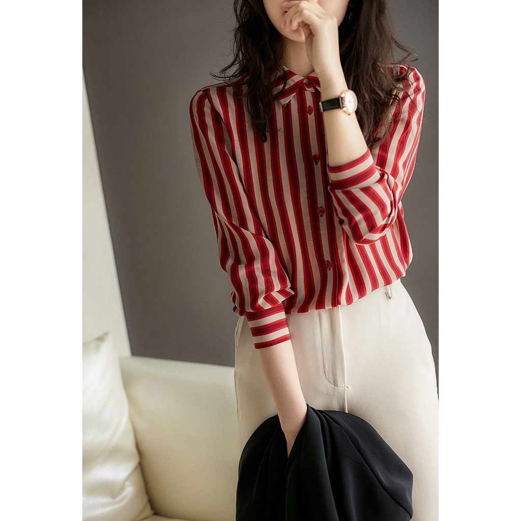Áo Sơ Mi Chiffon Mỏng Kẻ Sọc Dọc Tay Dài Cổ Điển Mùa Thu Mới Cho Nữ