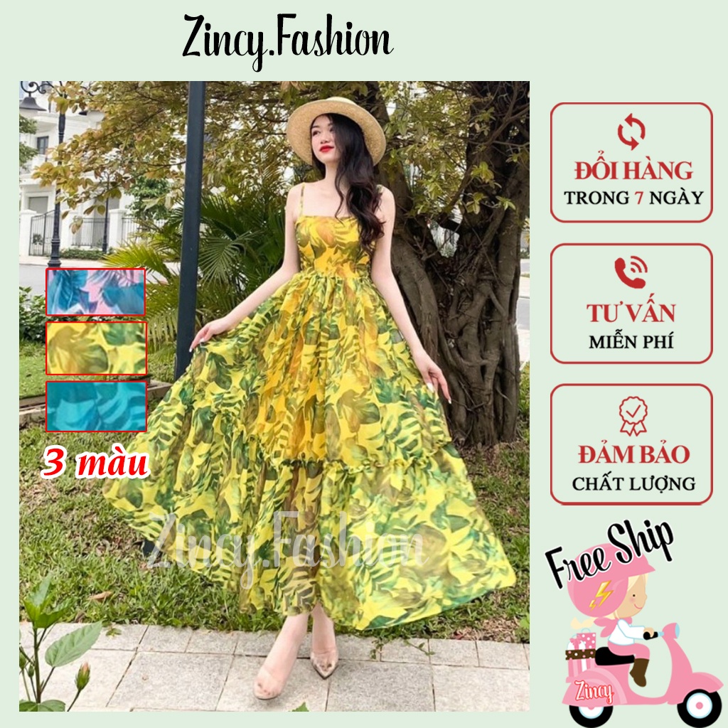 Váy maxi 2 dây cúp ngực dáng xoè Đầm maxi đi biển đi chơi hoạ tiết hoa lá nổi bật MXDHTIET.001