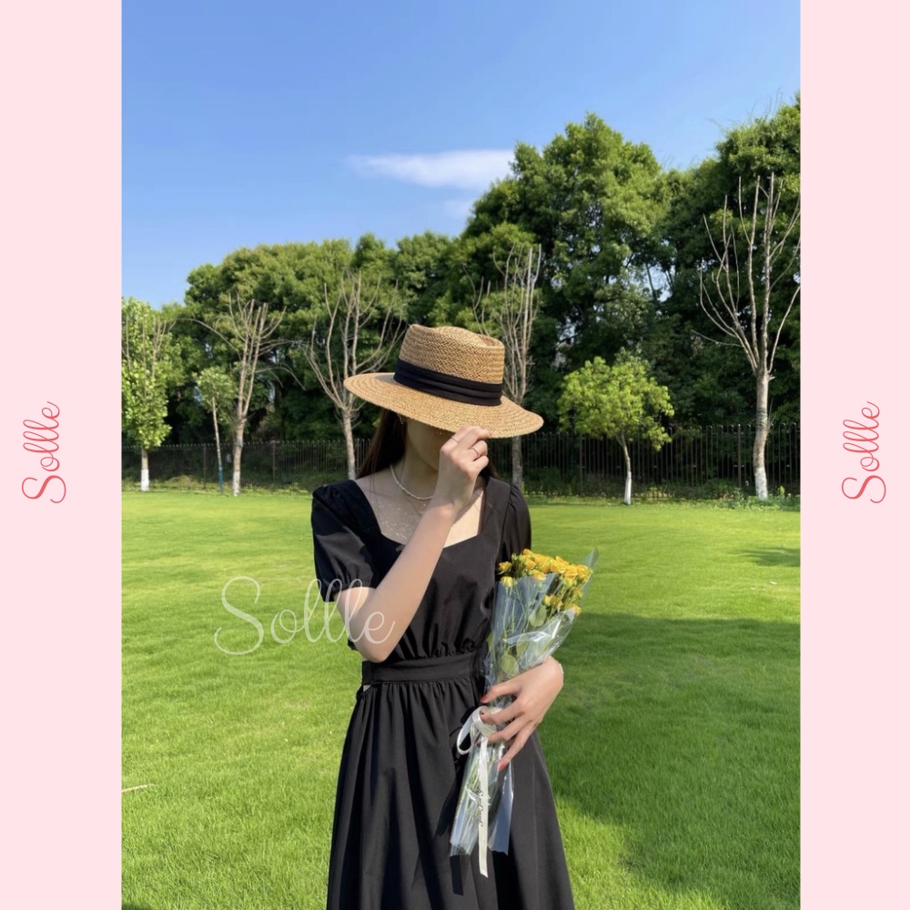 Đầm nữ khoét eo tay bồng xanh bơ Váy cutout cổ vuông hở eo thắt nơ sau dáng dài Sollle