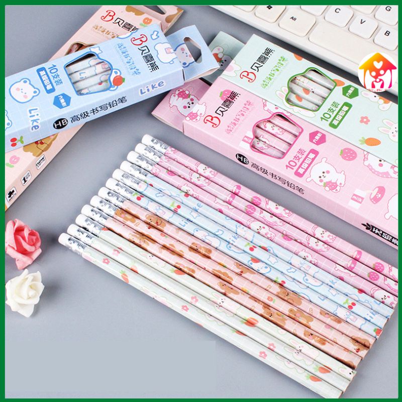 Hộp 10 Bút Chì Gỗ HB Kèm Tẩy In Hình Họa Tiết Hoạt Hình Siêu Đẹp-Bút Chì HB An Toàn Cho Bé