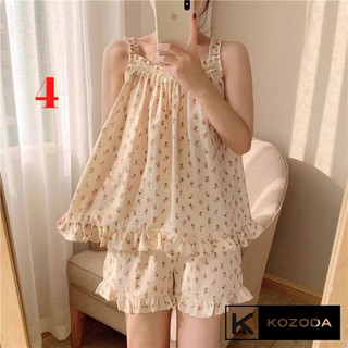 Đồ ngủ nữ mặc nhà 2 dây hoa vintage chất đũi siêu mềm mát thấm hút mồ hôi Kozoda M56