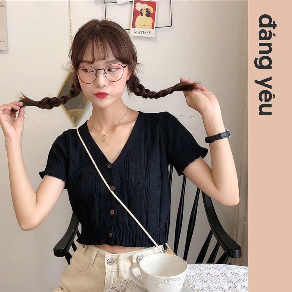 [ SẴN ] Áo Croptop dáng lửng hở eo cộc tay Cổ V Ôm Dáng Jennie/ Black Pink Siêu Xinh A00013