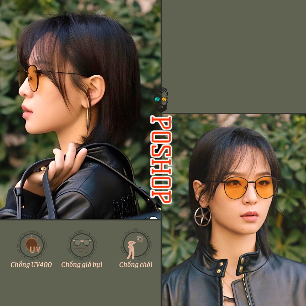 Mắt kính râm nam nữ POSHOP chống UV400 thiết kế mắt tròn gọng kim loại dễ đeo màu vàng thời trang đi đêm Baguette