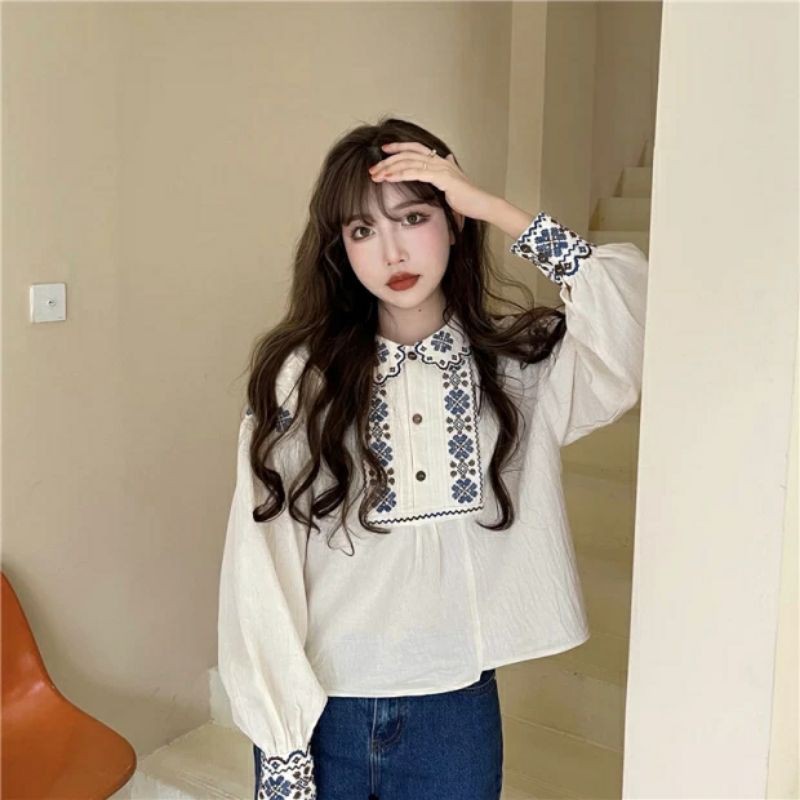 6:30PM Order Áo sơ mi croptop babydoll ulzzang tay dài họa tiết thổ cẩm màu be