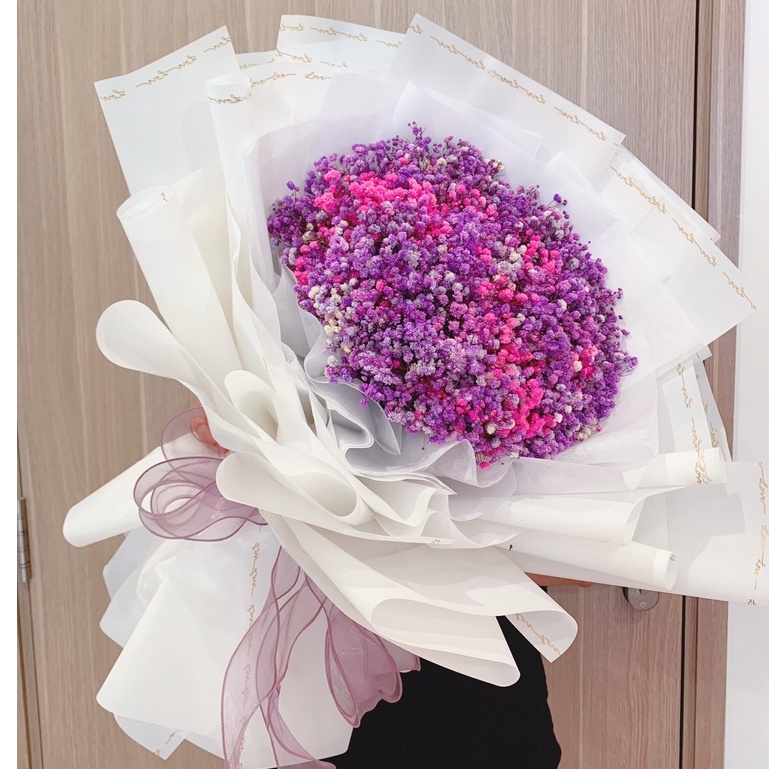 Hoa baby khô sang trọng, quà tặng baby tím siêu xinh phối giấy gói màu trắng tông màu lãng mạn, chung thuỷ, ngọt ngào