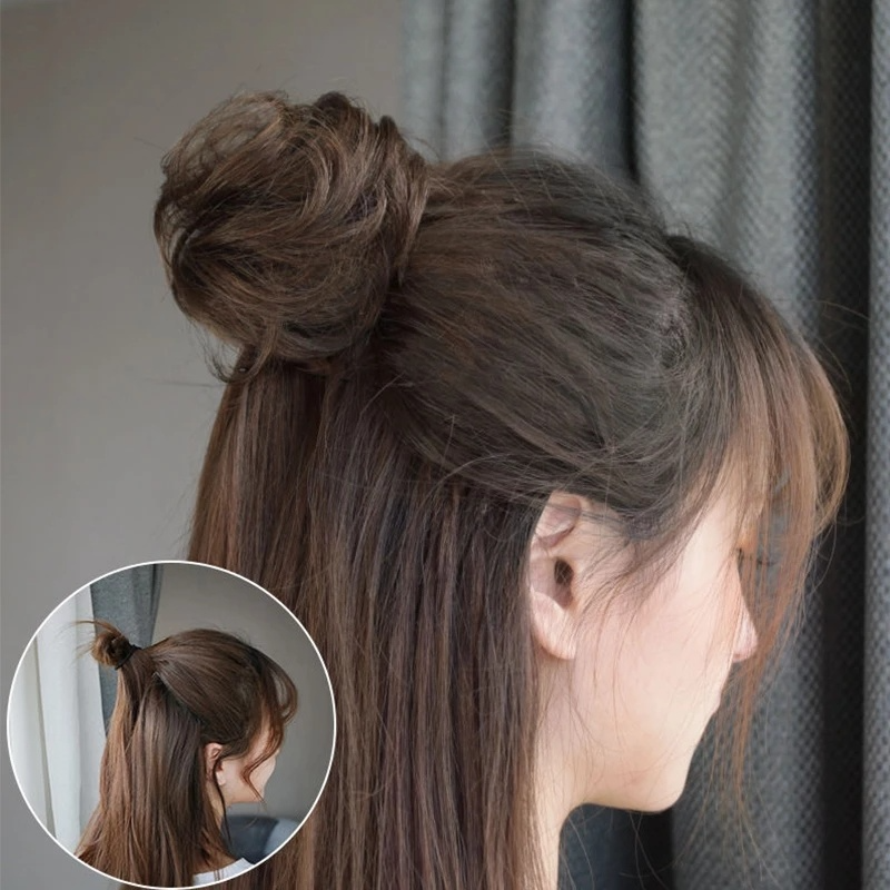 Kẹp tóc giả mini tạo búi tóc xoăn rối màu nâu đen tự nhiên bằng sợi cao su tổng hợp chịu nhiệt