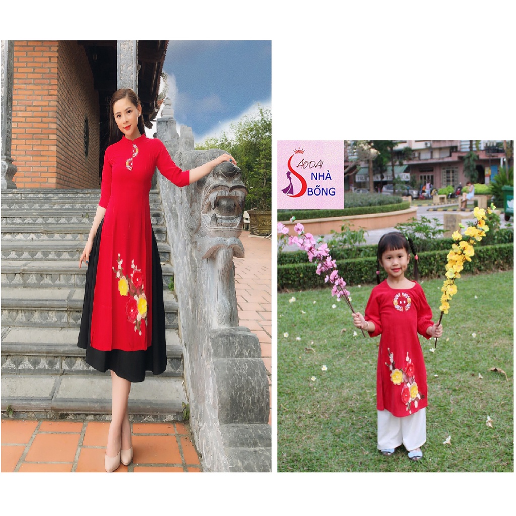 Bộ áo dài mẹ và bé đỏ gắn hoa thêu- M03