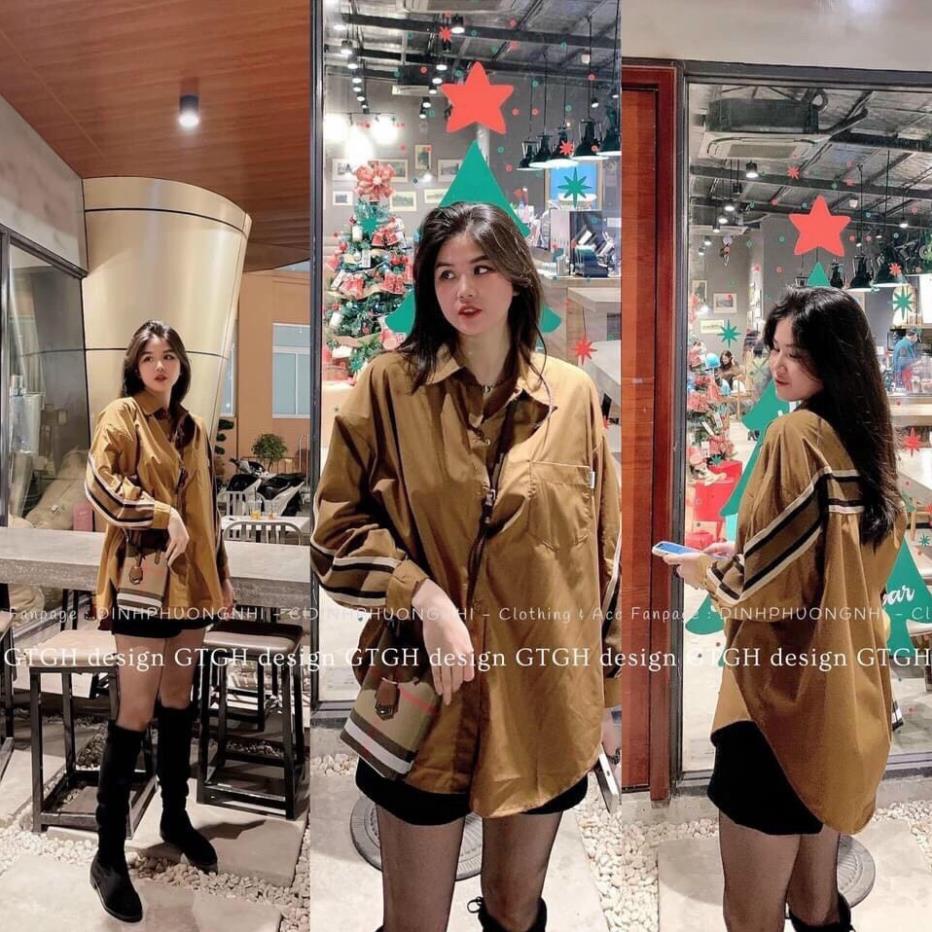 Áo Sơ Mi  Nữ  Form Rộng Hàn Quốc Viền Nâu Dày Mịn Thoáng Mát Thiết Kế Thời Trang Kiểu Dáng Năng Động Trẻ Trung