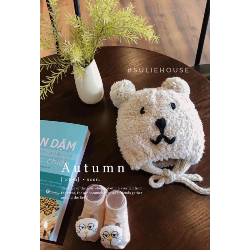 Mũ len bông gấu có quai MU004