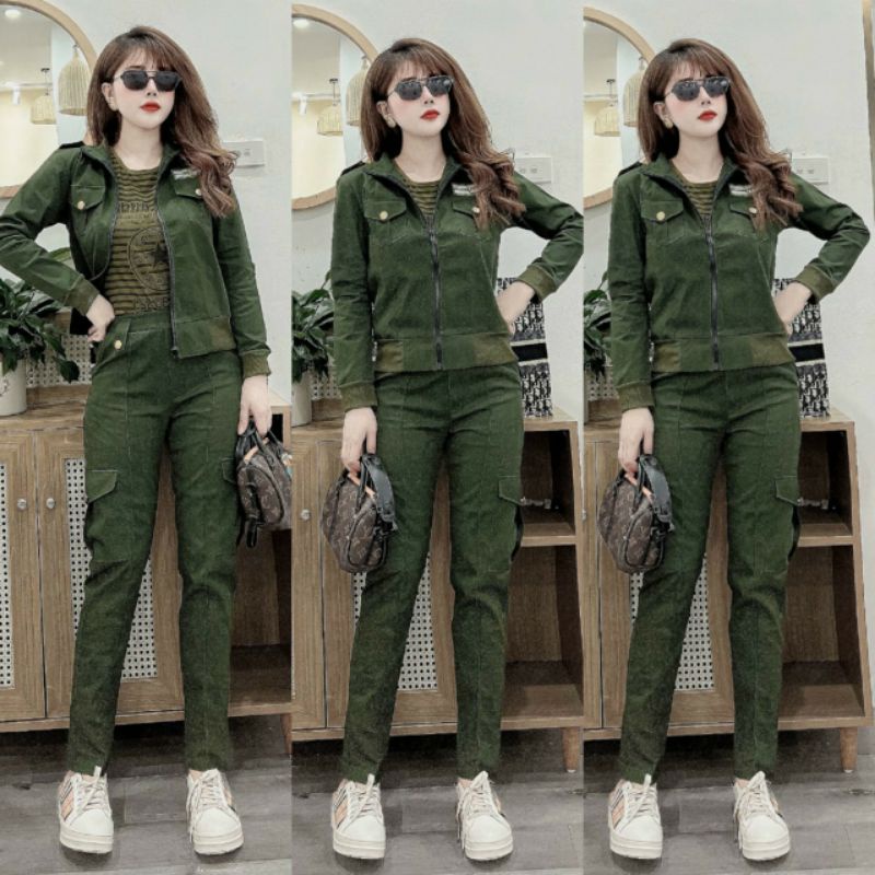 Set đồ lính trơn kaki 3 món áo thun, khoác, quần dài